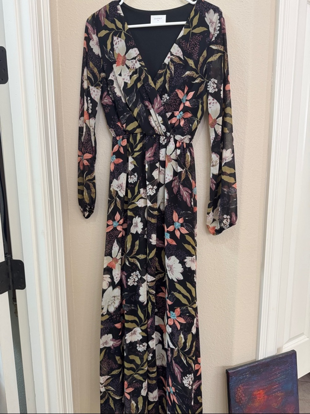 Everly Black Floral Wrap Maxi Dress with Coral & Olive Accents